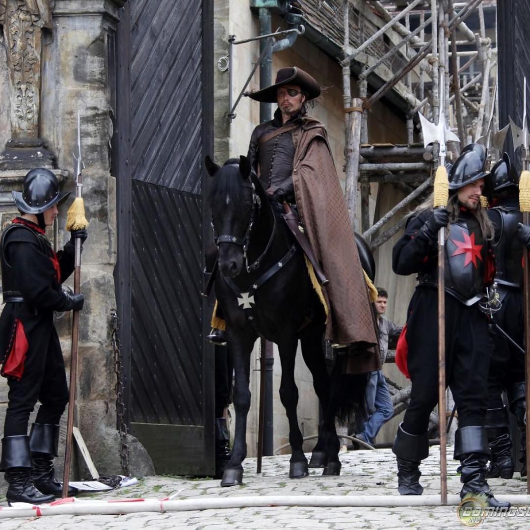 Mads Mikkelsen on horseback on a film set